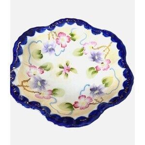 Vintage Decorative Hand Painted Scalloped Bowl Floral Blue White 8" Cottagecore